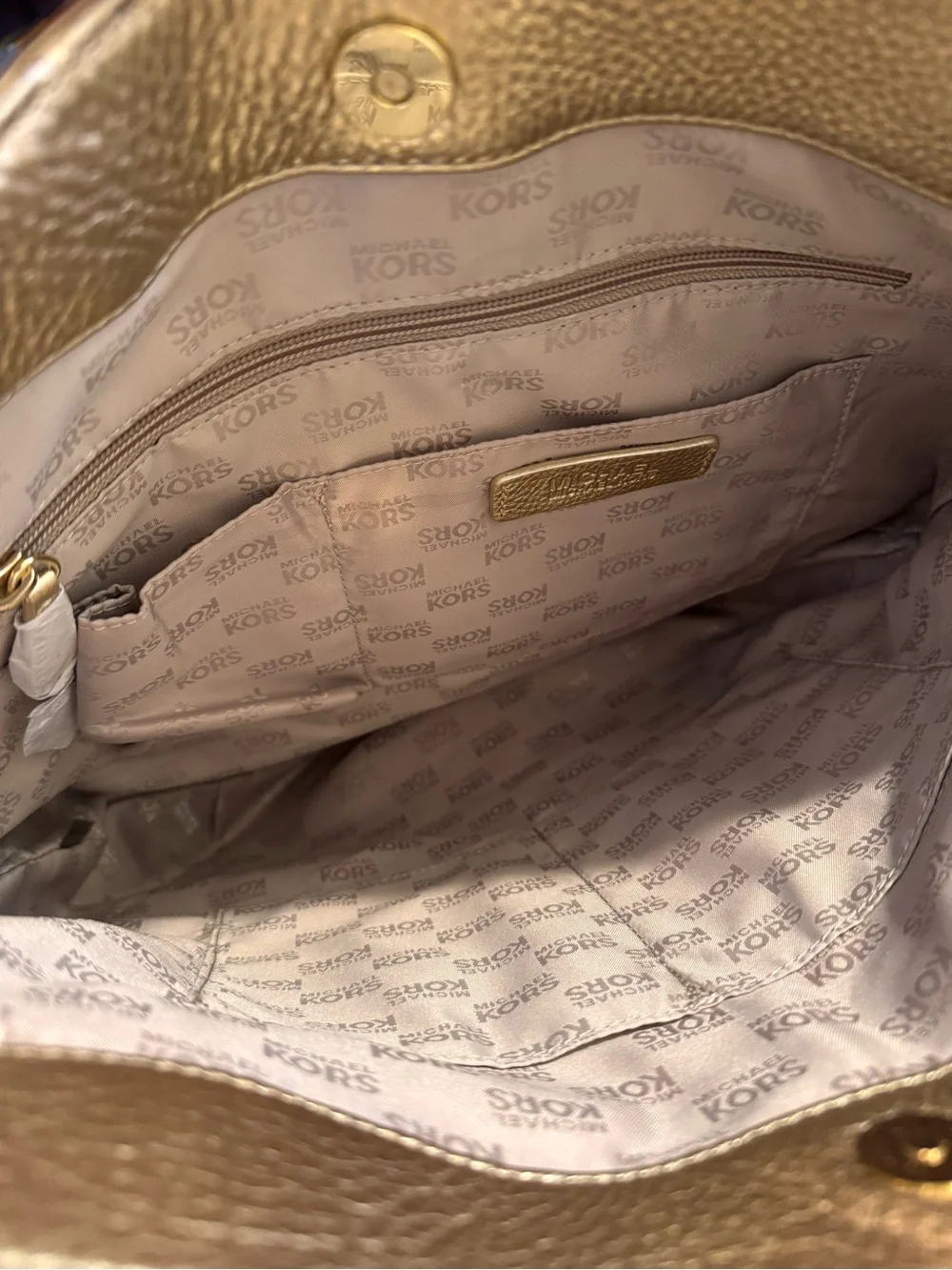 Michael Kors Gold Metallic Pebbled Leather Tote Bag Wallet Set NWOT Chain Accent